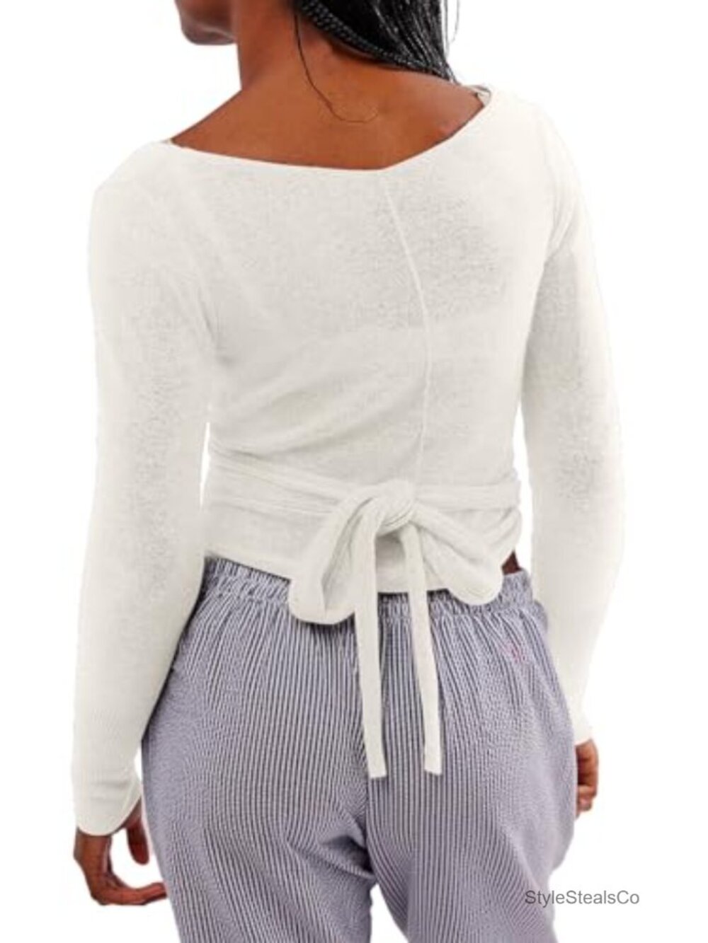 Wool Blend Tie Front Crop Cardigan Long Sleeve V Neck Lightweight Crochet Top